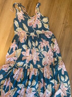 Teal Floral Tiered maxi Sundress with Pink Blooms